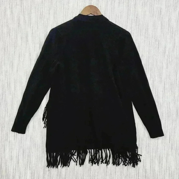 Neiman Marcus Fringe Open Front Cardigan Sweater Size L Black - Picture 2 of 8